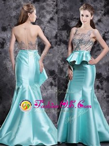 Mermaid Scoop Sleeveless Satin Red Carpet Gowns Appliques Brush Train Zipper
