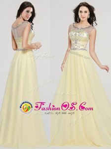 Flirting Scoop Floor Length Light Yellow Chiffon Sleeveless Beading