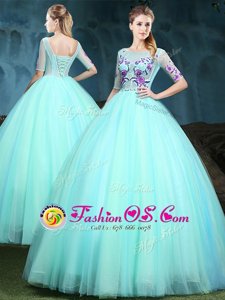 Scoop Half Sleeves Lace Up Floor Length Appliques Sweet 16 Dresses