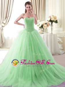 Ideal Tulle Sweetheart Sleeveless Brush Train Lace Up Beading Vestidos de Quinceanera in Apple Green