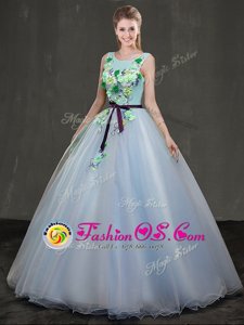Light Blue Scoop Lace Up Appliques Quinceanera Dress Sleeveless