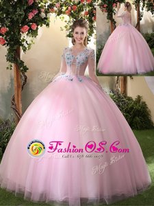 Enchanting Scoop Long Sleeves Tulle Floor Length Lace Up Vestidos de Quinceanera in Baby Pink for with Appliques