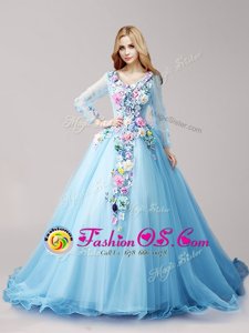 Deluxe Baby Blue Lace Up V-neck Hand Made Flower 15th Birthday Dress Tulle Long Sleeves Brush Train