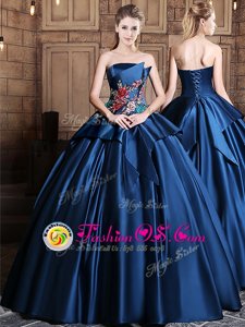 Edgy Navy Blue Ball Gowns Strapless Sleeveless Satin Floor Length Lace Up Appliques Quinceanera Gowns