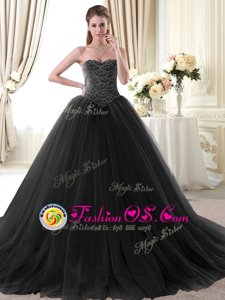 Sumptuous Black Ball Gowns Beading Ball Gown Prom Dress Lace Up Tulle Sleeveless Floor Length