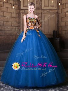 Flare Blue Tulle Lace Up One Shoulder Sleeveless Floor Length 15th Birthday Dress Pattern