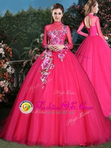 Simple Long Sleeves With Train Appliques Lace Up Quinceanera Gowns with Coral Red Brush Train