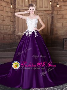 Customized Scoop Elastic Woven Satin Sleeveless With Train Vestidos de Quinceanera Court Train and Lace and Appliques