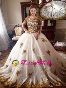 Spectacular Scoop White Tulle Zipper 15 Quinceanera Dress Long Sleeves With Train Chapel Train Appliques