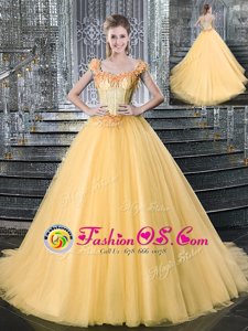 Gold Ball Gowns Straps Sleeveless Tulle With Brush Train Lace Up Beading Sweet 16 Quinceanera Dress