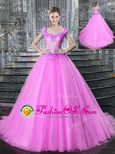 Tulle Straps Sleeveless Brush Train Lace Up Beading and Appliques Sweet 16 Quinceanera Dress in Fuchsia