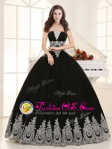Artistic Sweetheart Sleeveless Quinceanera Dress Floor Length Beading and Appliques Black Tulle