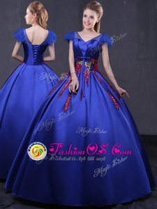 Nice Cap Sleeves Floor Length Appliques Lace Up 15 Quinceanera Dress with Royal Blue