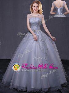 Sweet Scoop Grey Ball Gowns Beading and Belt Quince Ball Gowns Lace Up Tulle Cap Sleeves Floor Length