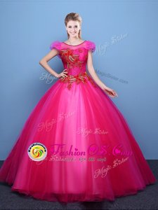 Scoop Hot Pink Ball Gowns Appliques Quinceanera Dresses Lace Up Tulle Short Sleeves Floor Length
