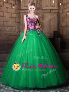 One Shoulder Green Sleeveless Pattern Floor Length Quinceanera Dress