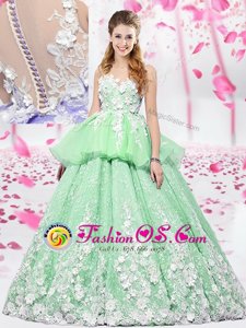 Scoop Organza and Tulle Sleeveless Floor Length Quinceanera Dress and Lace and Appliques