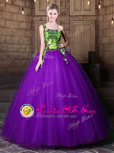 Luxury One Shoulder Floor Length Eggplant Purple 15th Birthday Dress Tulle Sleeveless Pattern