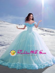 Off the Shoulder Baby Blue Sweet 16 Quinceanera Dress Tulle Court Train Cap Sleeves Hand Made Flower