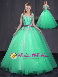 Shining Appliques and Belt Sweet 16 Dress Turquoise Lace Up Sleeveless Floor Length