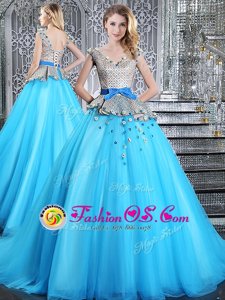 Appliques and Belt Quinceanera Gown Baby Blue Lace Up Sleeveless Brush Train