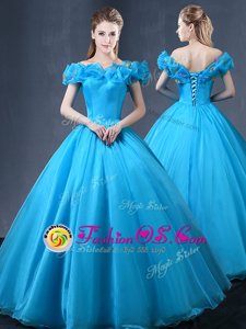 Baby Blue Off The Shoulder Lace Up Appliques Quinceanera Gowns Cap Sleeves