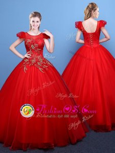 Scoop Red Tulle Lace Up Sweet 16 Dresses Short Sleeves Floor Length Appliques