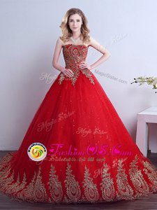 Sequins Court Train Ball Gowns Quinceanera Dresses Red Strapless Tulle Sleeveless Lace Up