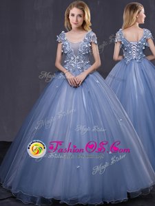 Custom Designed Light Blue Sweet 16 Dresses Scoop Sleeveless Brush Train Lace Up