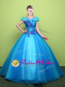 High Class Scoop Baby Blue Lace Up Quinceanera Dresses Appliques Short Sleeves Floor Length