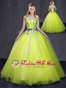 Clearance Sleeveless Floor Length Appliques and Belt Lace Up Quinceanera Dresses with Yellow Green