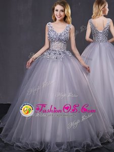 Cute Peach Tulle Lace Up Quince Ball Gowns Sleeveless Floor Length Appliques and Belt