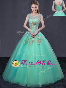 Scoop Floor Length Turquoise Quinceanera Dress Organza Sleeveless Beading and Appliques
