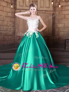 Turquoise Lace Up Scoop Lace and Appliques 15 Quinceanera Dress Elastic Woven Satin Sleeveless Court Train