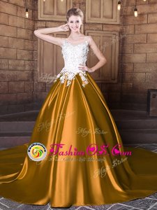 Fashionable Elastic Woven Satin Scoop Sleeveless Court Train Lace Up Lace and Appliques Quinceanera Gowns in Gold