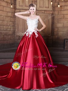 Most Popular Scoop Sleeveless Elastic Woven Satin Quinceanera Gown Lace and Appliques Lace Up