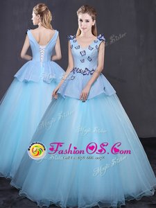 Flare Light Blue 15th Birthday Dress Military Ball and Sweet 16 and Quinceanera and For with Appliques V-neck Sleeveless Lace Up