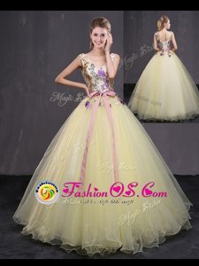 Excellent Ball Gowns Sweet 16 Dress Light Yellow V-neck Tulle Sleeveless Floor Length Lace Up