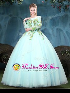 Simple Aqua Blue Quince Ball Gowns Military Ball and Sweet 16 and Quinceanera and For with Appliques Scoop Long Sleeves Lace Up