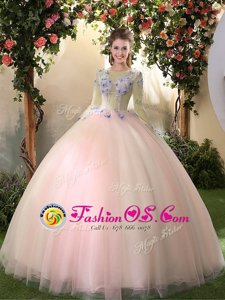 Peach Quinceanera Gowns Military Ball and Sweet 16 and Quinceanera and For with Appliques Scoop Long Sleeves Lace Up