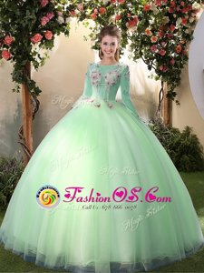 Tulle Scoop Long Sleeves Lace Up Appliques 15th Birthday Dress in Apple Green