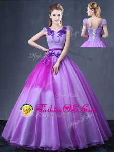 High Class Scoop Lace and Appliques Quinceanera Gowns Lilac Lace Up Sleeveless Floor Length
