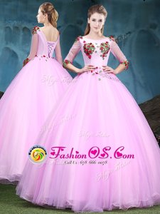Low Price Pink Ball Gowns Scoop Sleeveless Organza and Tulle Floor Length Lace Up Lace and Appliques Quinceanera Gown