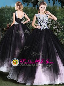 Scoop Sleeveless Lace Up Quinceanera Gown Pink And Black Tulle