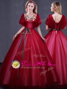 Scoop Floor Length Ball Gowns Short Sleeves Wine Red Ball Gown Prom Dress Lace Up