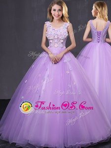 V-neck Sleeveless Quince Ball Gowns Floor Length Lace and Appliques Lavender Tulle