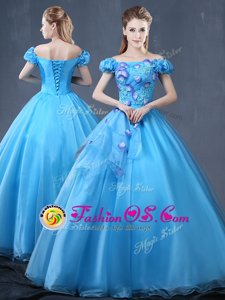 Baby Blue Lace Up Off The Shoulder Appliques Quince Ball Gowns Organza Short Sleeves