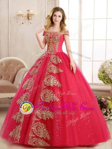 Fitting Red Ball Gowns Off The Shoulder Sleeveless Tulle Floor Length Lace Up Appliques and Sequins Quinceanera Dresses