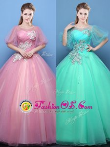 Tulle Scoop Half Sleeves Lace Up Appliques Sweet 16 Quinceanera Dress in Pink and Turquoise