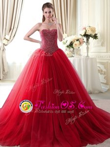 Attractive Sweetheart Sleeveless Tulle Quince Ball Gowns Beading Brush Train Lace Up
